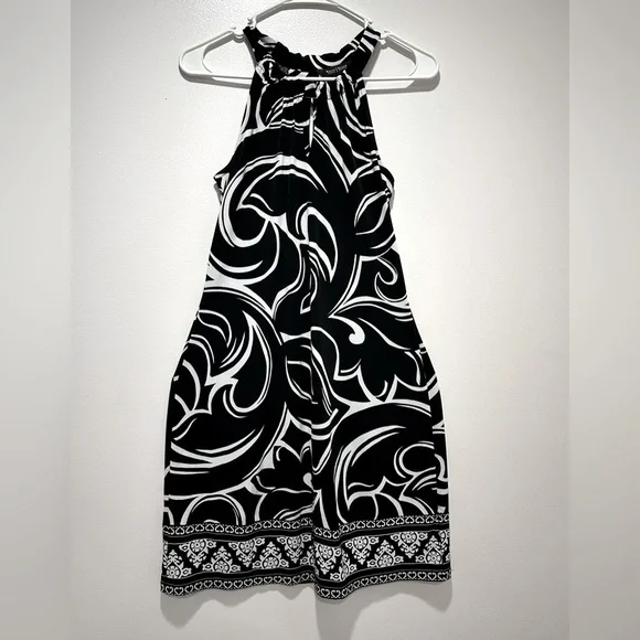 White House Black Market Halter Dress XS Black White Scroll Print - Picture 3 of 6